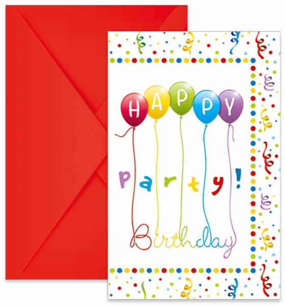 Happy Birthday Streamers Invitations with Envelopes, 6 Pack