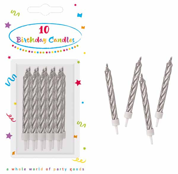 Silver Spiral Birthday Candles with Holders, 10 Pack