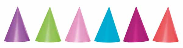 Assorted Solid Colour Cone Party Hats, 6 Pack