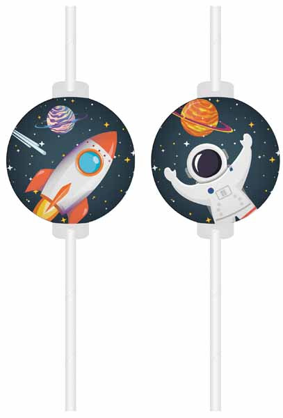 Rocket Space Paper Straws with Medallions, 4 Pack