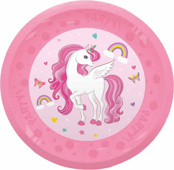 PARTY REUSE PLATES 8" 4/P UNICORN RAINB