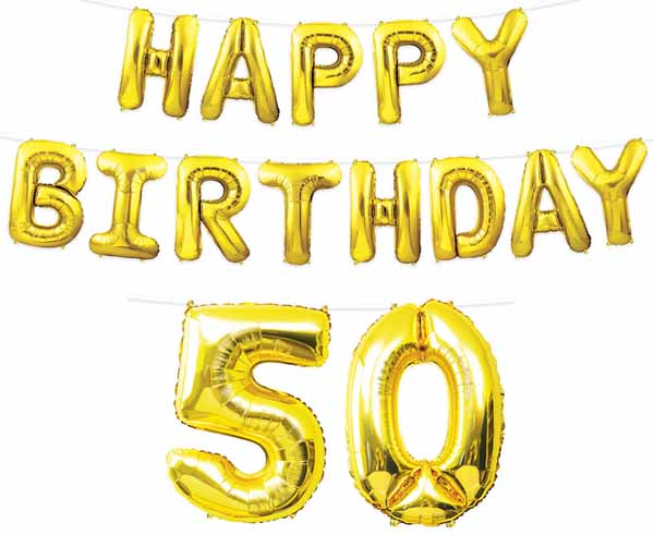 Gold Happy Birthday 50 Balloon Streamer