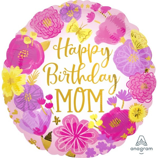 Mom Painted Flowers 18" Round Birthday Foil Balloon
