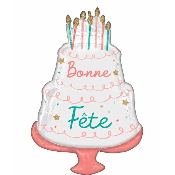 Bonne Fête Cake Shaped Foil Balloon, 28 Inch