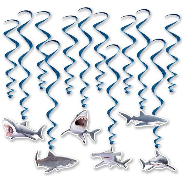 Shark Whirls Hanging Party Decorations, 12-Pack