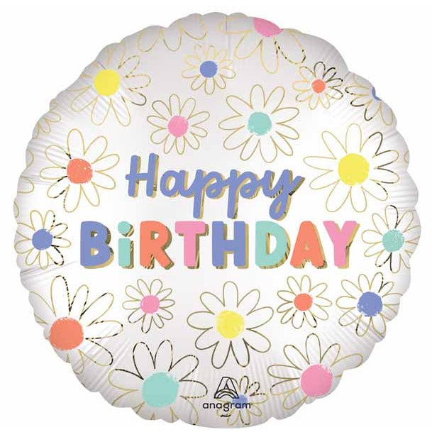 Satin Daisies Happy Birthday 18-Inch Round Foil Balloon