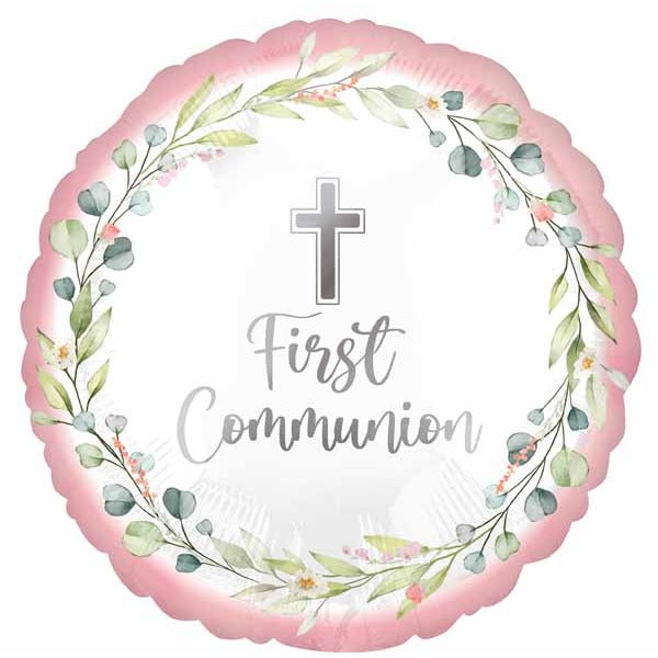 Pink First Communion 18-Inch Round Foil Balloon