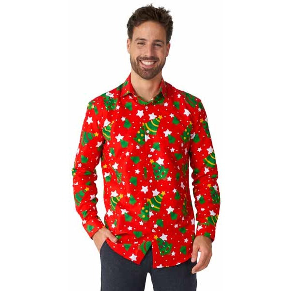 Suitmeister Men's Trees & Red Stars Christmas Shirt, Medium