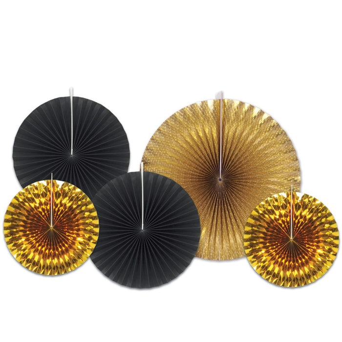 Assorted Black and Gold Deco Fans - Elegant Party Decor (15/Pk)