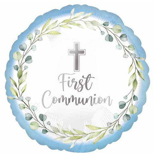 Blue First Communion Round Foil Balloon, 18 Inch