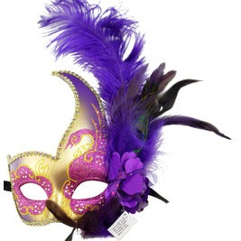 Purple & Gold Venetian Mask with Side Feathers