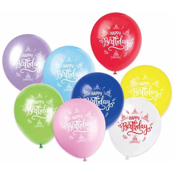 12" LATEX 8/PK ASST BIRTHDAY CAKE TRICO