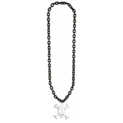 36-Inch Black Chain Bead Necklace with Skull and Crossbones