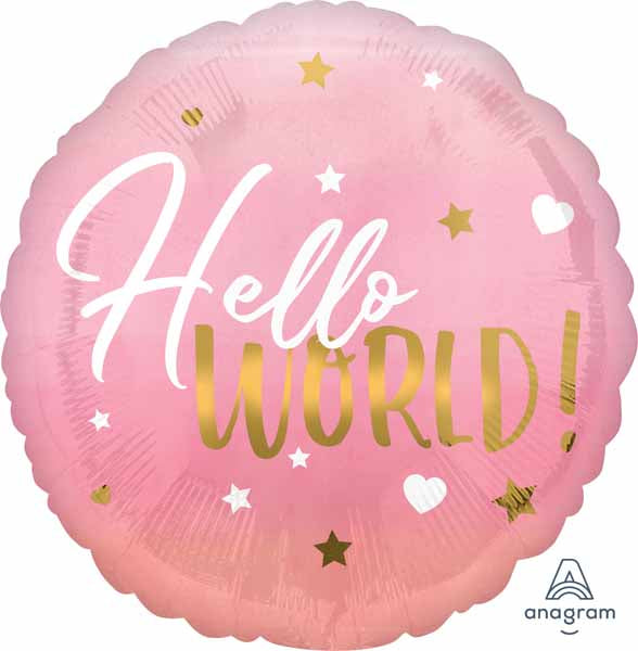 Hello World Pink Baby Girl 18" Round Foil Balloon