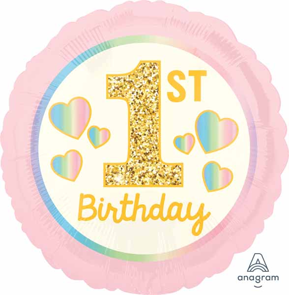 GIRL 1ST BDAY PK/GD 18" RND S40 HX PK