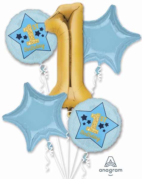 Blue & Gold Boy's 1st Birthday Foil Balloon Bouquet