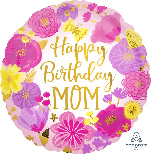 Mom Painted Flowers 18" Round Birthday Foil Balloon