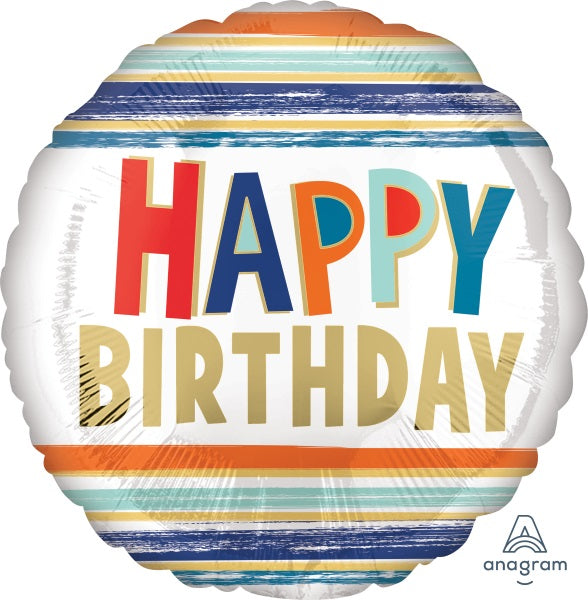 Happy Birthday Letters & Stripe 18-Inch Round Foil Balloon