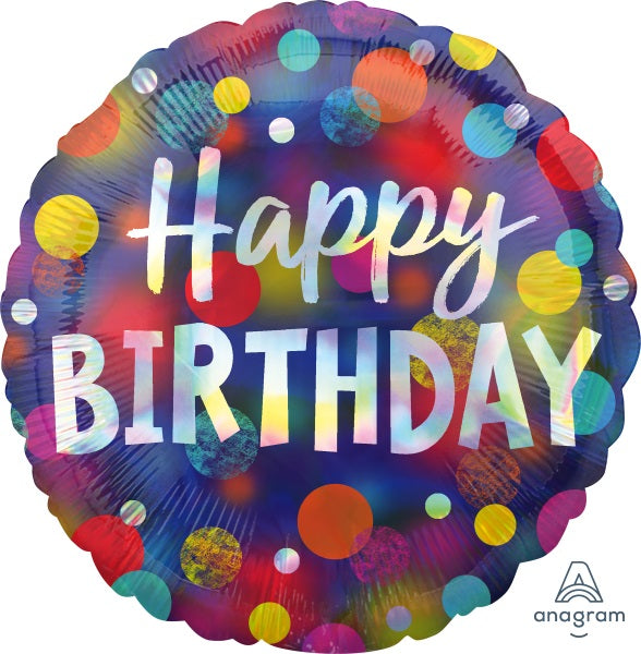 Happy Birthday Party Dots 18-Inch Round Holographic Foil Balloon