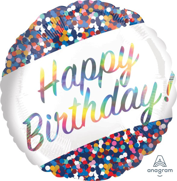 Happy Birthday Confetti 18" Round Holographic Foil Balloon