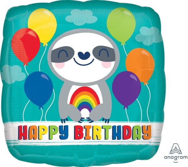 Happy Birthday Sloth Rainbow 18" Square Foil Balloon