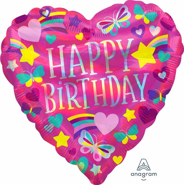 Happy Birthday Rainbow Hearts 18-Inch Heart-Shaped Foil Balloon