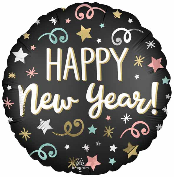 CONFETTI HNY SATIN 18" RND SL S40 PKG