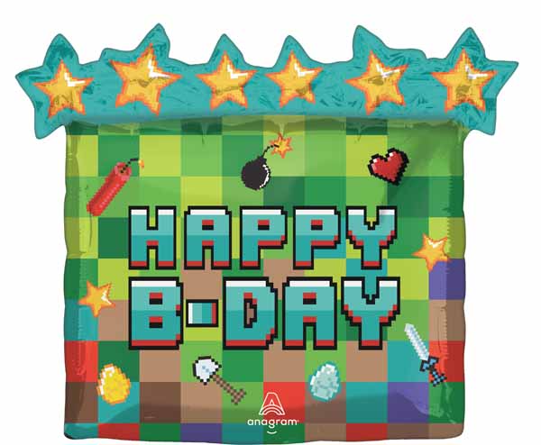 Pixel Party Happy Birthday Shaped Foil Balloon, 25 Inch