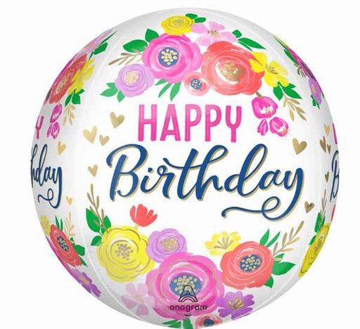 Artful Floral Happy Birthday Orbz Foil Balloon, 16 Inch