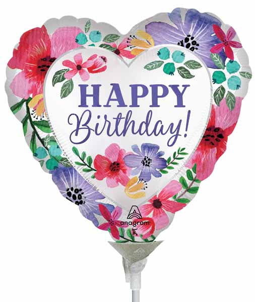 Satin Happy Birthday Florals 9" Heart Foil Balloon