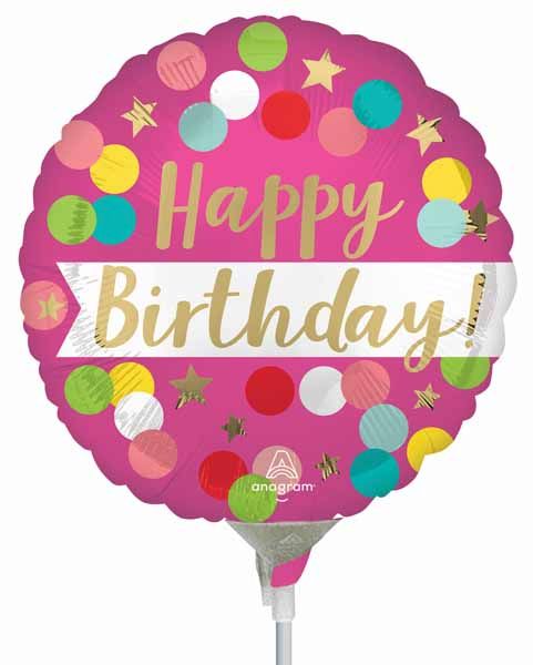Satin Happy Birthday Pink Confetti 9" Round Foil Balloon