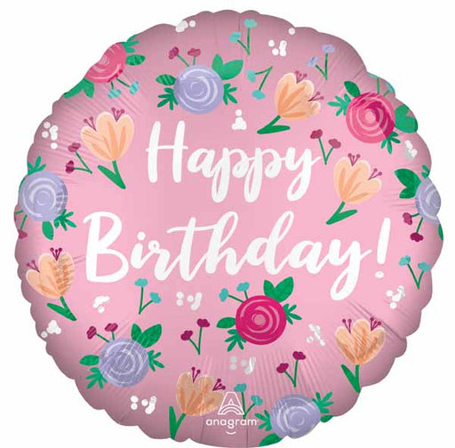 Satin Happy Birthday Peony 18-Inch Round Foil Balloon