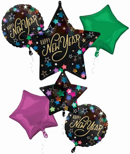 New Year Starlight Foil Balloon Bouquet, 5 Pieces