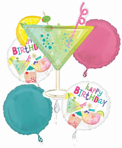 Cocktail Surprise Happy Birthday Foil Balloon Bouquet, 5 Piece