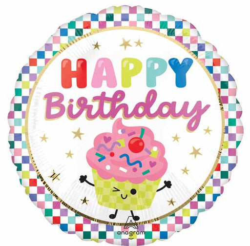 Vibrant Cupcake Happy Birthday 18-Inch Round Foil Balloon