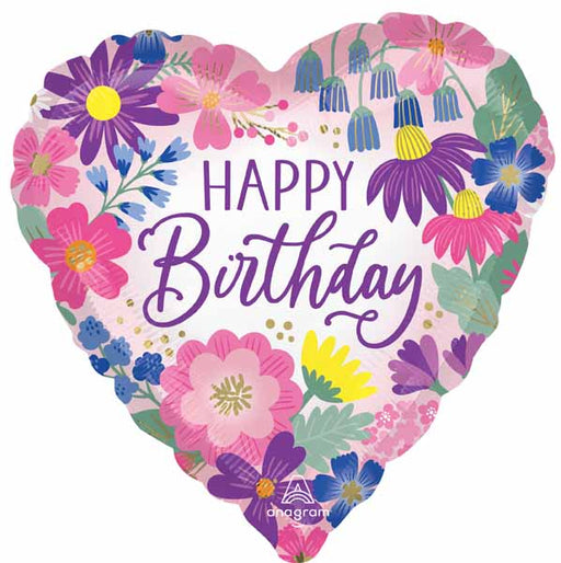 Garden Floral Happy Birthday Heart Foil Balloon, 18 Inch