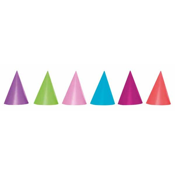 Assorted Solid Colour Cone Party Hats, 6 Pack