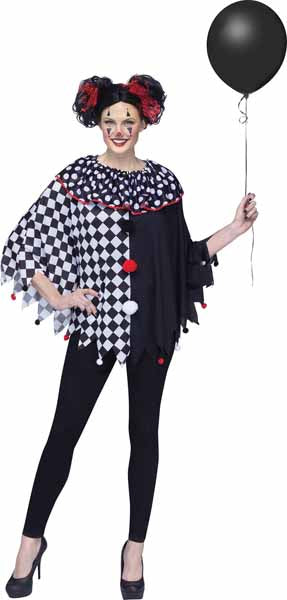 Black & White Clown Poncho Costume, Adult Sizes 4-14
