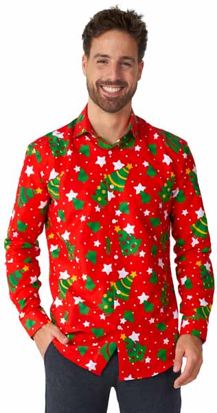 Suitmeister Men's Trees & Red Stars Christmas Shirt, X-Large