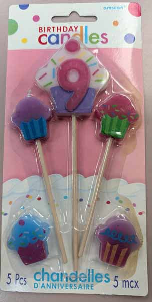 6" #9 CUPCAKE BDAY P ICK CANDLES 5PK/12CS