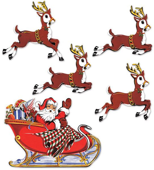 Vintage Christmas Santa & Sleigh Decorations, 5 Pack