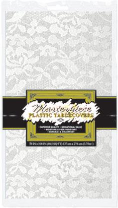 White Lace Plastic Table Cover, 54 x 108 Inches