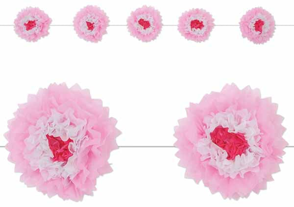 Pink and White Tissue Flower Garland with 5 Flowers