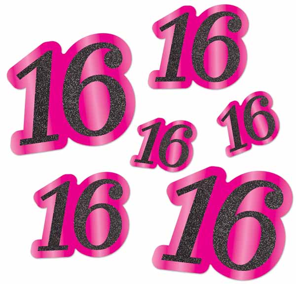 Glittered Foil Number 16 Cutouts, 6 Pack
