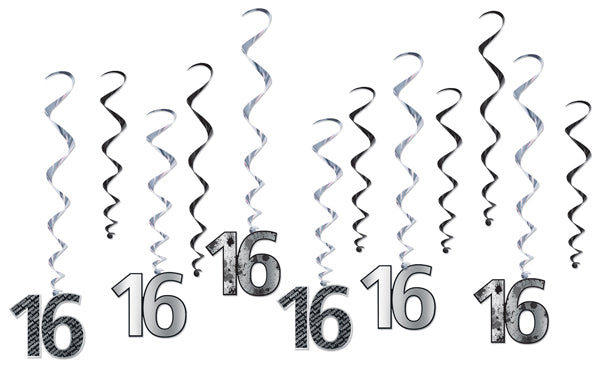 16th Birthday Hanging Whirl Decorations, 12 Pack