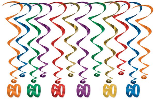 60th Birthday Assorted Hanging Whirls, 12 Pack