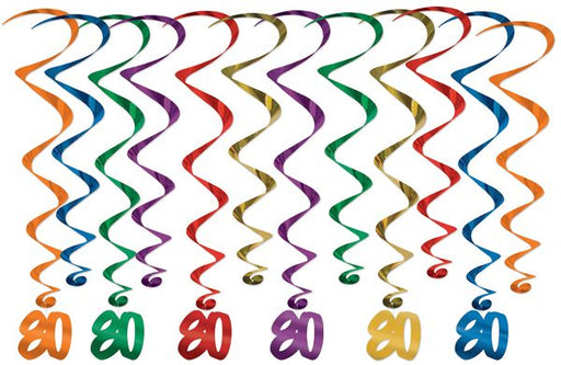 80th Birthday Assorted Hanging Whirls, 12 Pack