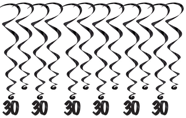 30th Birthday Hanging Whirls, 12 Count
