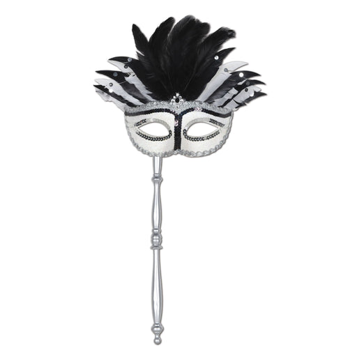 Feathered Mask with Stick for Mardi Gras