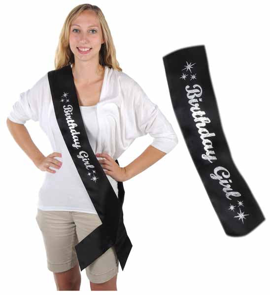 Birthday Girl Satin Sash, Black & Silver